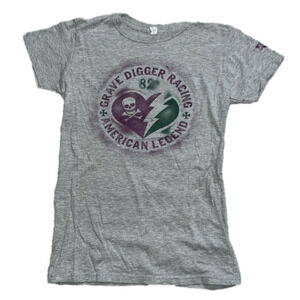 Grave Digger fitted tee. Medium grey, purple, green. Cotton. Monster Jam